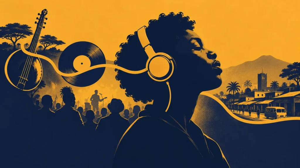 Duotone orange and dark-blue illustration of a headphone-wearing person in profile, with a guitar, vinyl record, concert crowd, and a town with palms and mountains behind them.