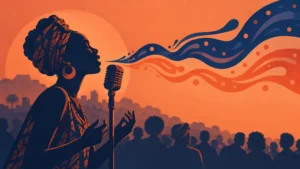 Orange and navy editorial illustration of a singer in profile performing into a vintage microphone, with flowing wave-like sound shapes above a silhouetted audience and city skyline.