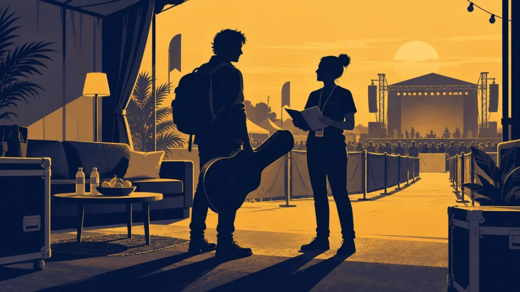 Duotone illustration of a musician with a guitar case speaking to a staff member holding papers in a festival backstage lounge, with water, fruit, equipment cases, and a concert stage beyond.