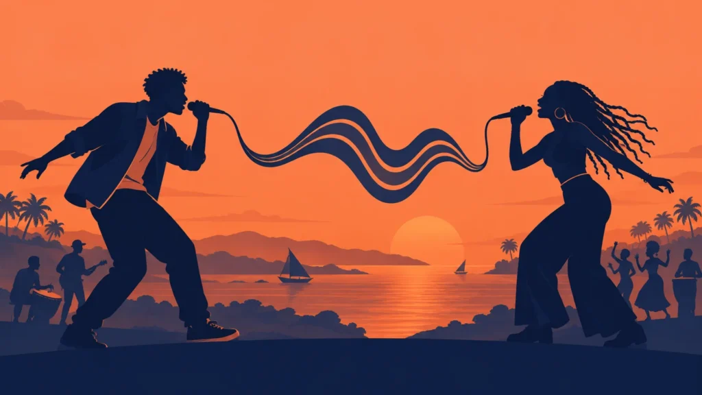 Orange and navy editorial illustration of two silhouetted singers facing each other with microphones, linked by flowing sound-wave shapes above a coastal sunset, boats, palm trees, and dancing musicians.