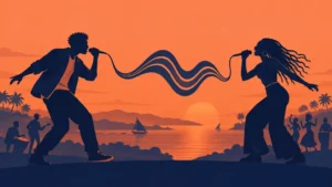 Orange and navy editorial illustration of two silhouetted singers facing each other with microphones, linked by flowing sound-wave shapes above a coastal sunset, boats, palm trees, and dancing musicians.