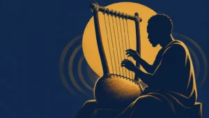 Duotone editorial illustration of a seated musician playing an eight-string lyre-like instrument with a large rounded bowl resonator, silhouetted against a golden circular backdrop on deep navy blue.