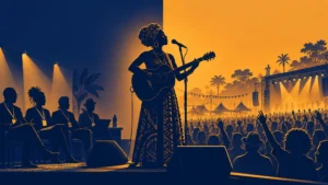 Duotone editorial illustration of a guitarist singing onstage, with seated industry observers on the left and a large outdoor festival crowd and illuminated stage on the right.
