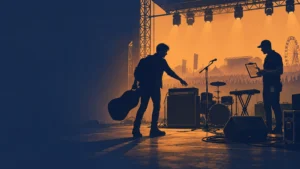 Duotone illustration of a festival stage at sunset, with silhouetted crew members beside a guitar case, amplifier, drum kit, keyboard, microphone stand, and monitor speakers; a crowd and Ferris wheel appear in the background.